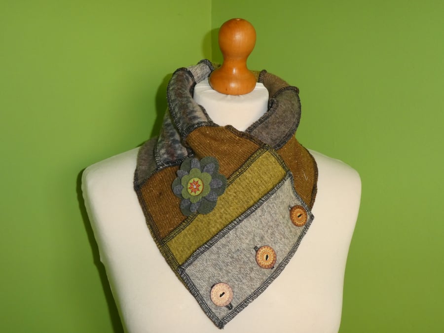 Neck Warmer Scarf with 3 button Trim. Upcycled Cowl. Felt Flower .No 6