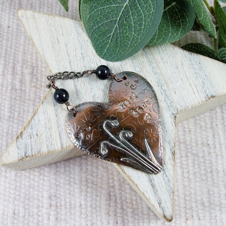 Heart Hanging Decoration. Copper with Snowdrops and Blue Goldstone