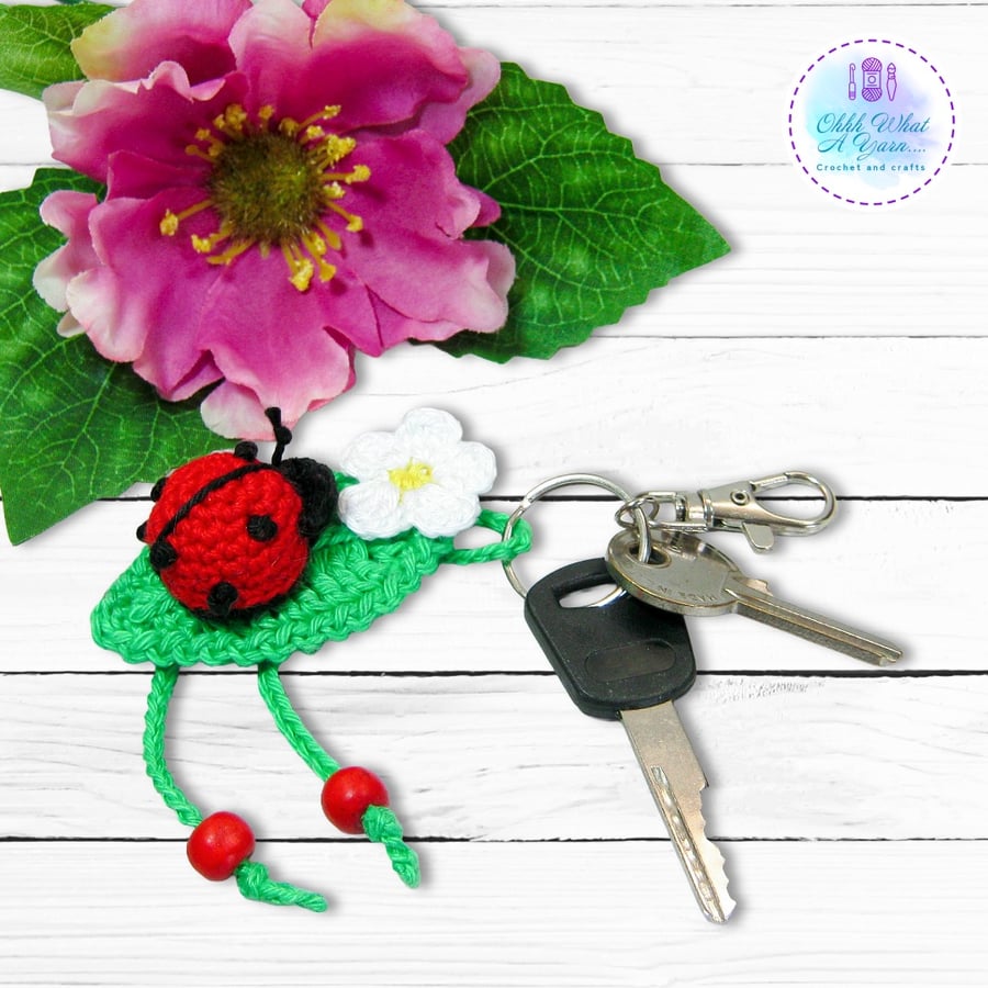 Ladybird and leaf crochet bag charm. Ladybird key ring.