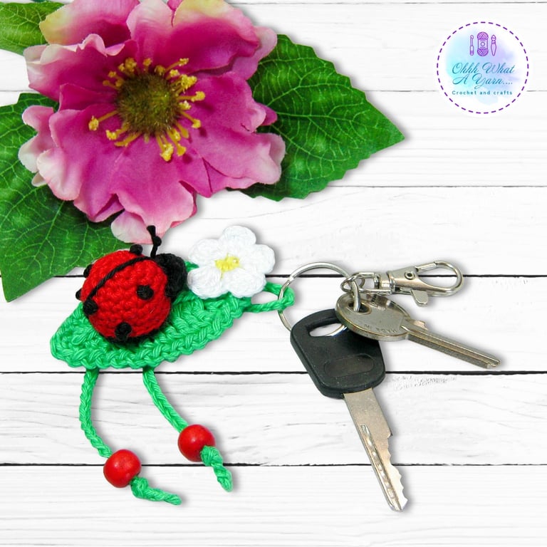 Ladybird and leaf crochet bag charm. Ladybird key ring.
