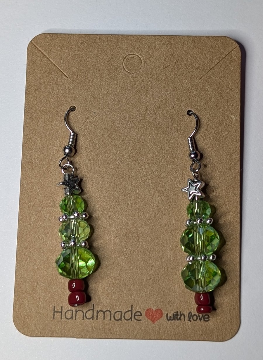 Green christmas tree crystal dangle earrings 