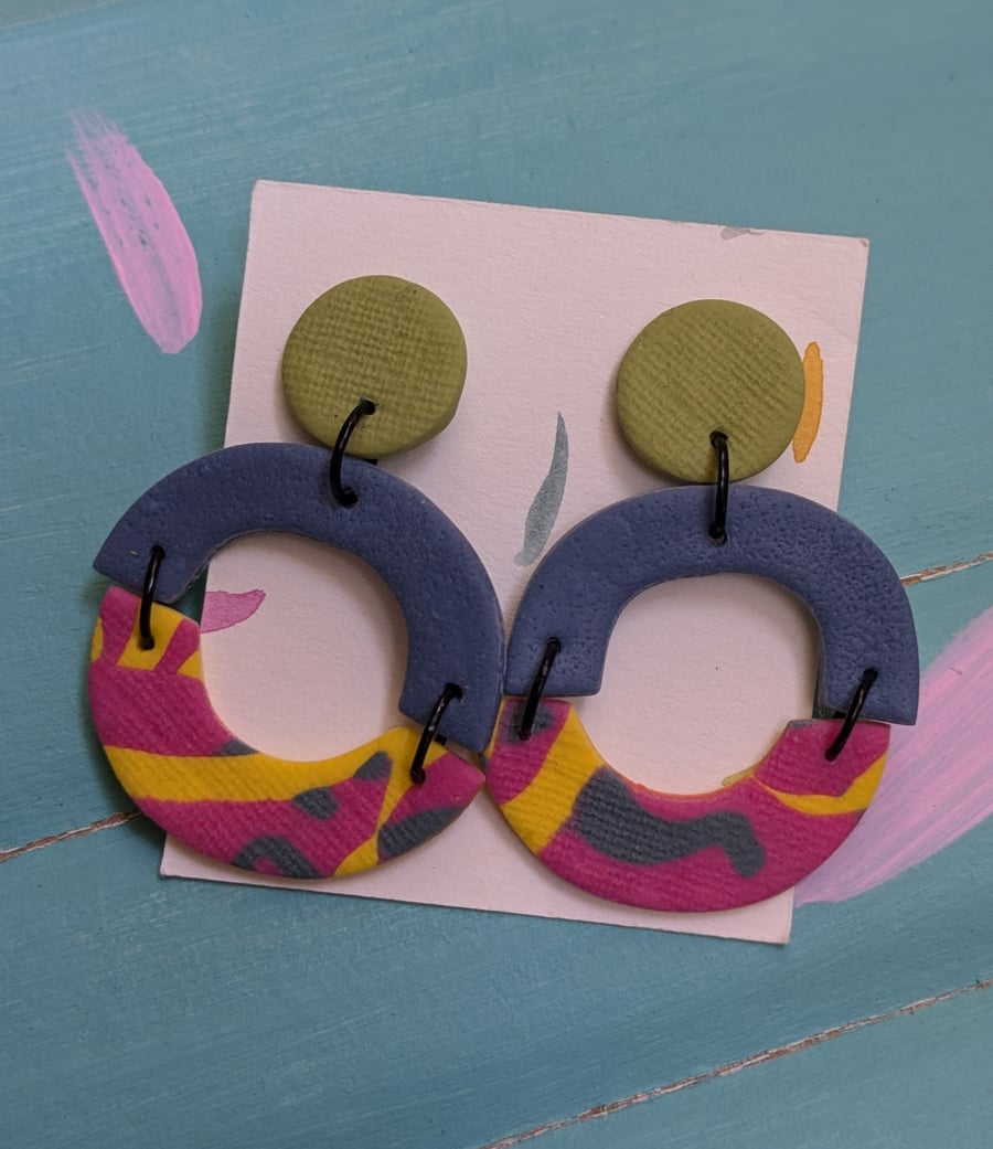 Statement dangly earrings, blue, green, yellow and pink, polymer clay earring