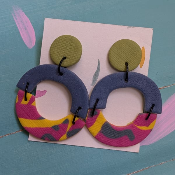 Statement dangly earrings, blue, green, yellow and pink, polymer clay earring