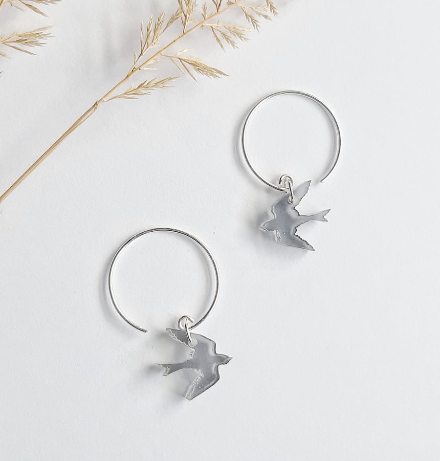 Flying bird earrings, Silver hoops, Grey swallows, 