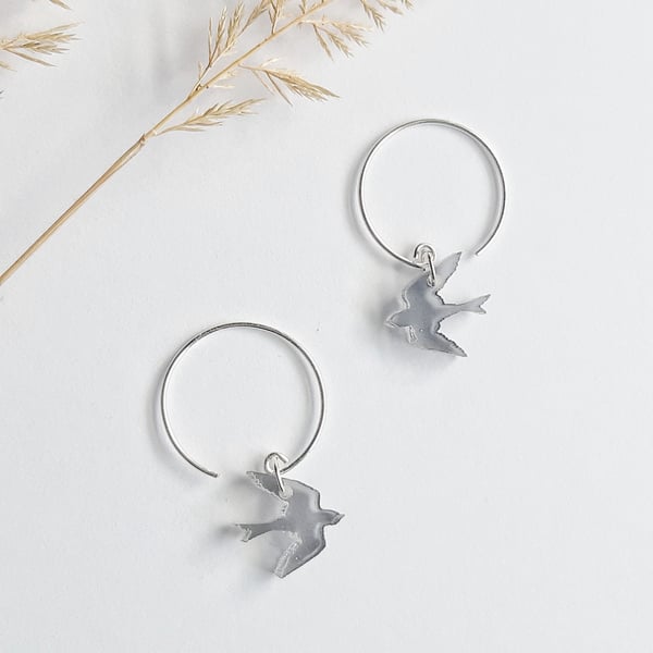 Flying bird earrings, Silver hoops, Grey swallows, 