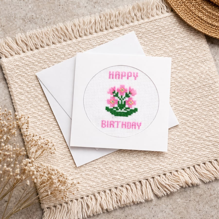 Unique Cross Stitch Birthday Card for Her - Handmade Pink Blossom Embroidery