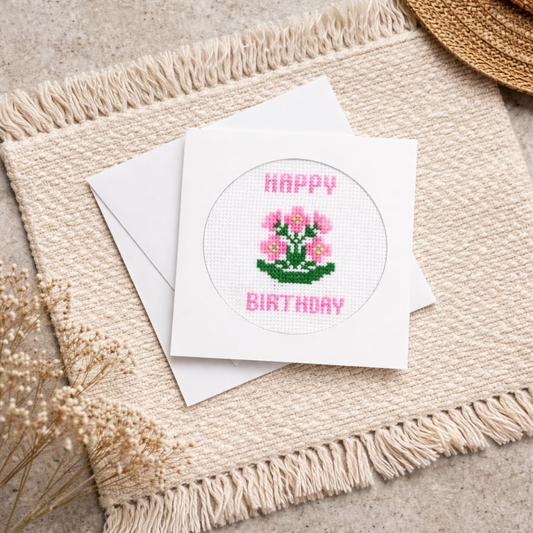 Unique Cross Stitch Birthday Card for Her - Handmade Pink Blossom Embroidery
