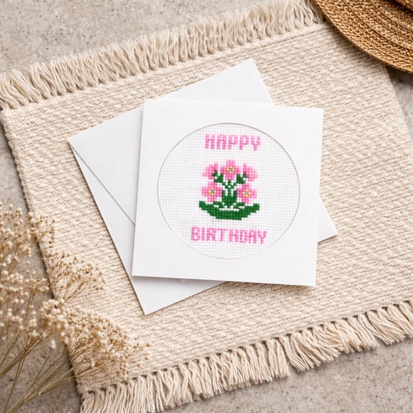 Unique Cross Stitch Birthday Card for Her - Handmade Pink Blossom Embroidery