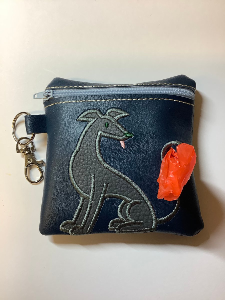 Embroidered Greyhound Navy Blue faux leather dog poo bag ,dog walking,