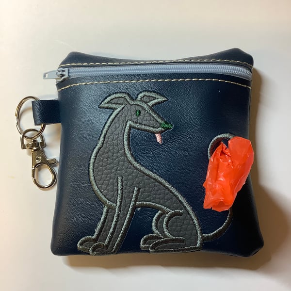 Embroidered Greyhound Navy Blue faux leather dog poo bag ,dog walking,