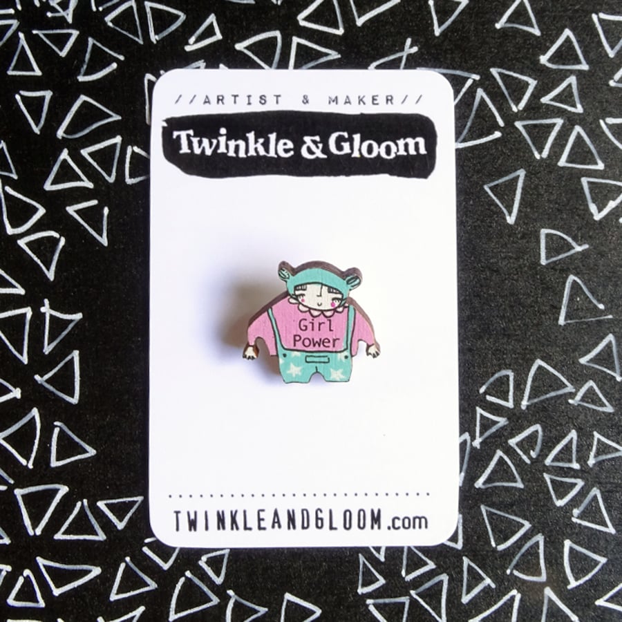 Dinky Printed Wood Brooch- Girl Power