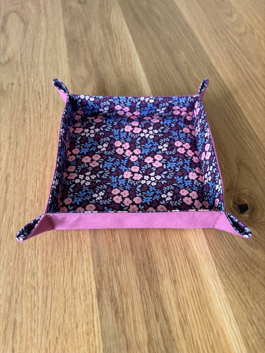 Fabric trinket tray, small storage basket, dice tray in dark pink  floral design