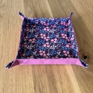 Fabric trinket tray, small storage basket, dice tray in dark pink  floral design