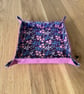 Fabric trinket tray, small storage basket, dice tray in dark pink  floral design