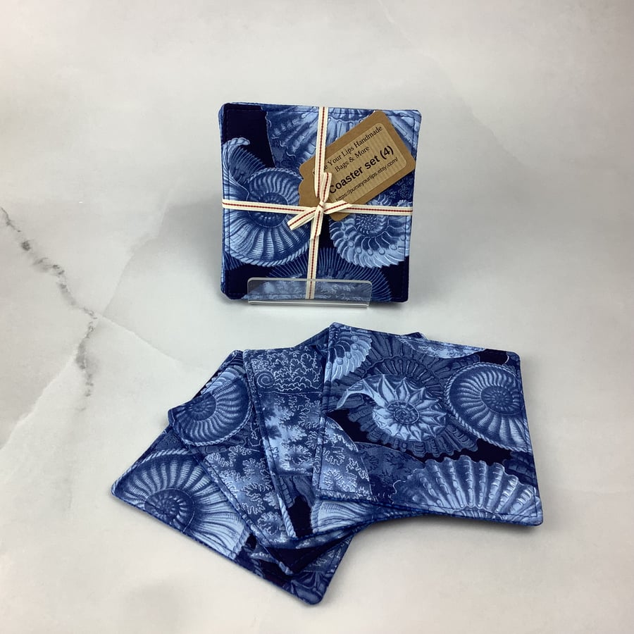 Ammonites coasters, Fossils fabric coasters, Set of 4, Handmade