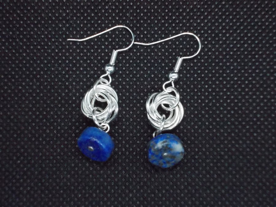 Lapis lazuli wheel and chainmaille drop earrings