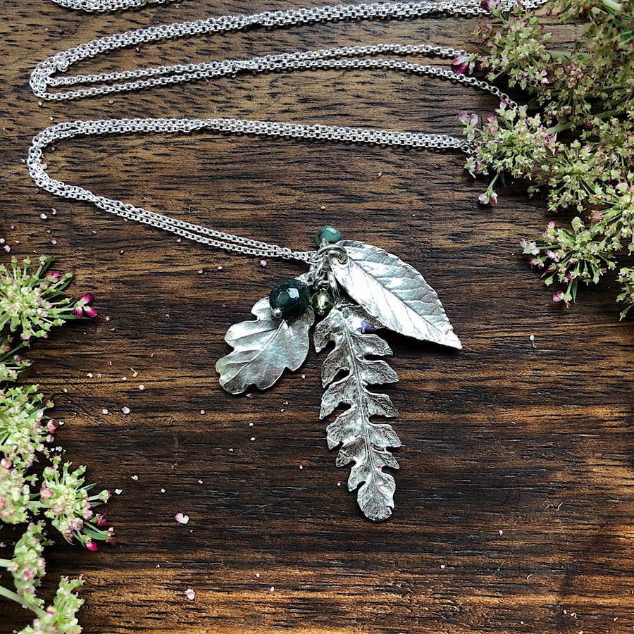 Sterling Silver Leaf Necklace - Botanical Necklace with Green Gemstomes