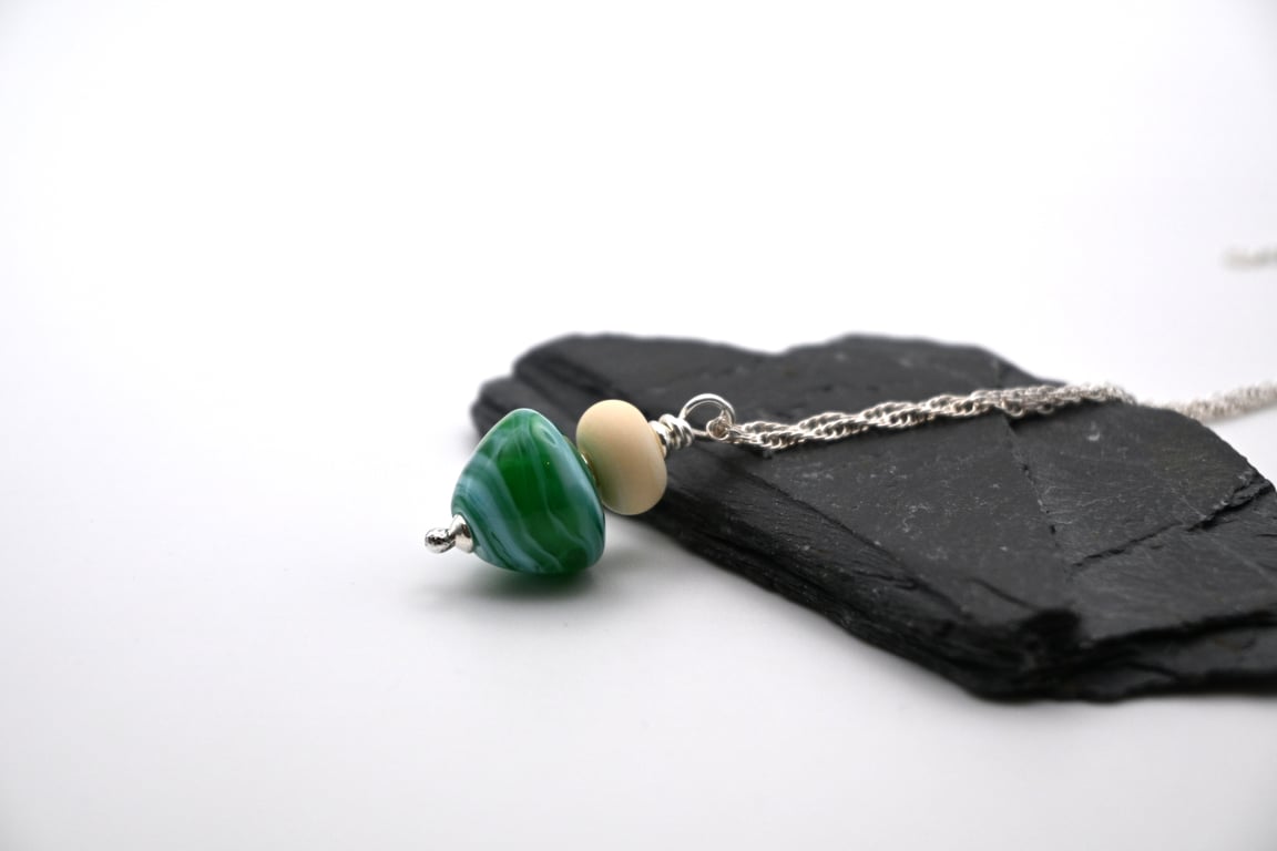 green sea cone lampwork glass pendant necklace