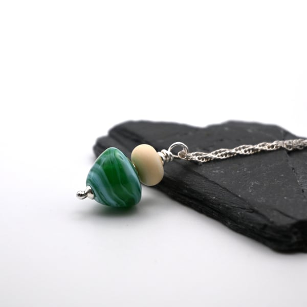 green sea cone lampwork glass pendant necklace