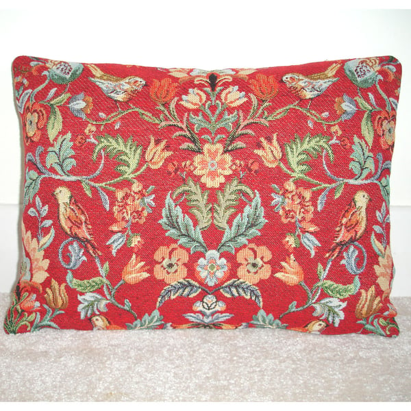 Birds Tapestry Red Cushion Cover 12x16 inch Oblong Bolster Floral
