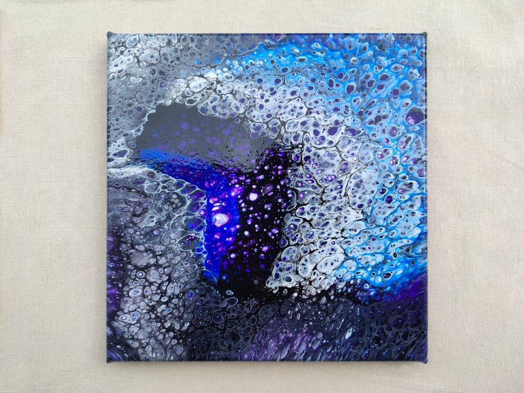 Acrylic Pour Art Canvas, Wall Art - Purple, Blue, Black & White Colour Scheme