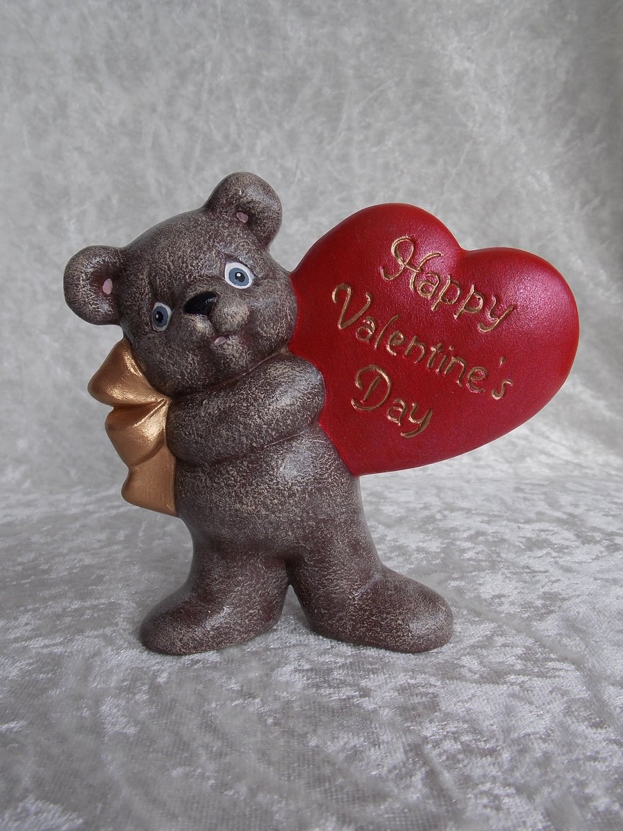 Ceramic Hand Painted Brown Bear Red Valentine Heart Animal Figurine Ornament.