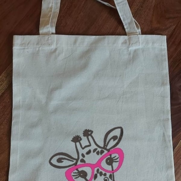Cotton Tote Bag printed with a fun Giraffe face, Organic Natural Cotton, Re-usab