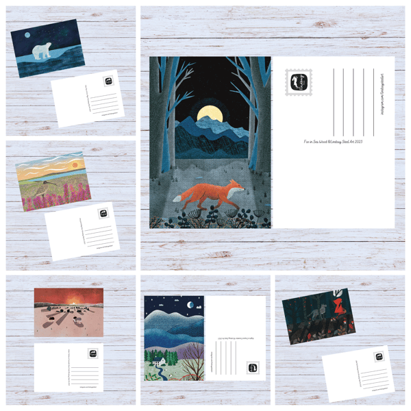  Postcard Bundle - Fox, Polar Bear, Curlew, Sheep, Red Riding Hood, Winter Scene