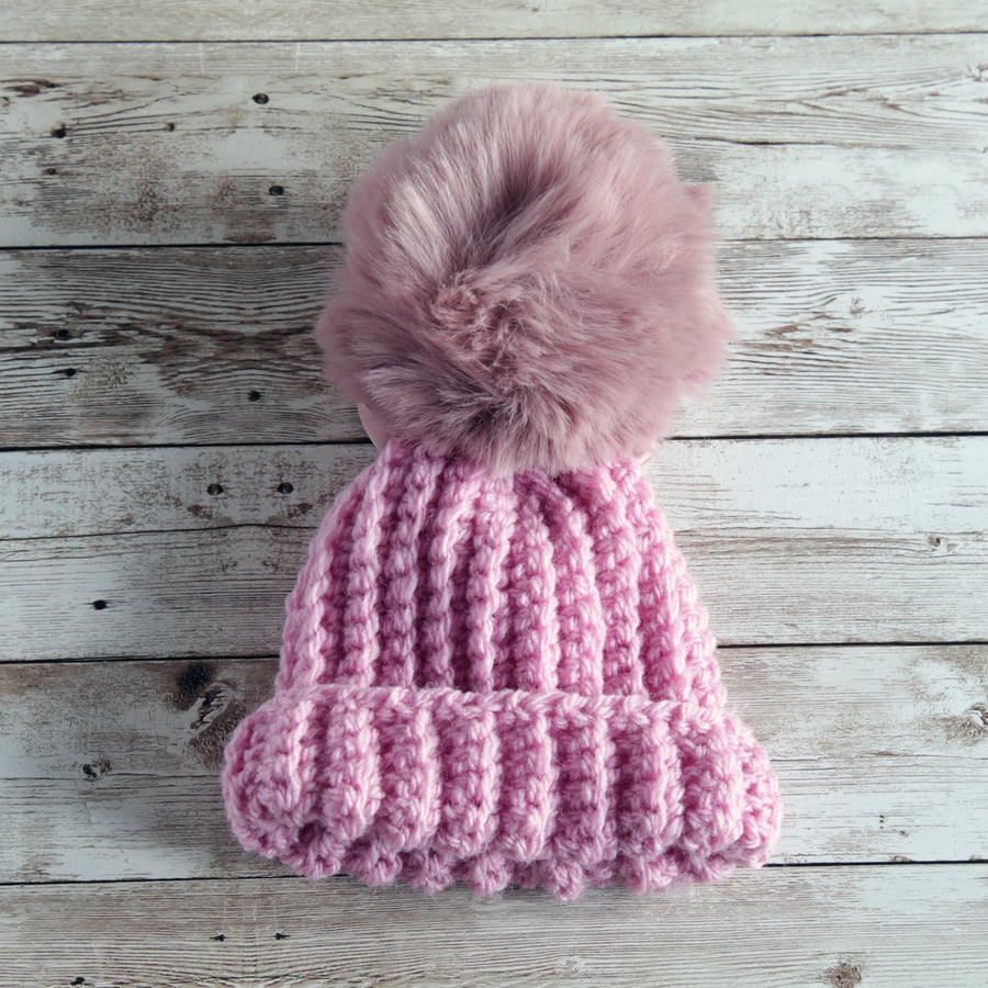 Handcrafted Preemie Baby Hat with Turn Up and Faux Fur Pom Pom