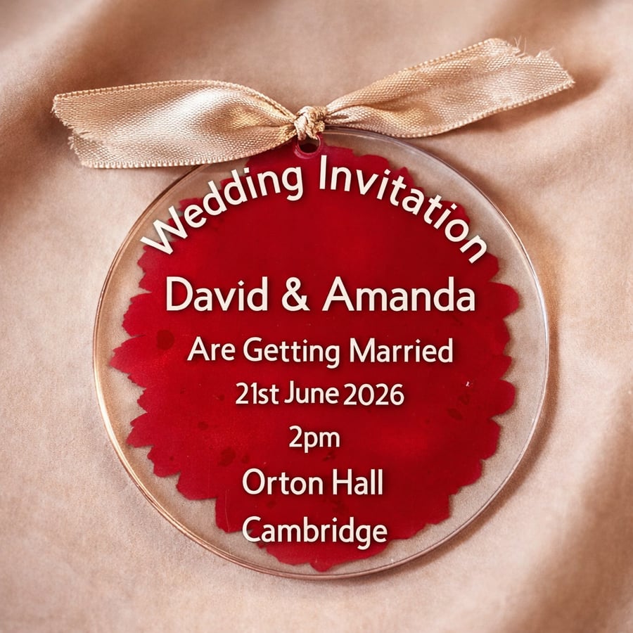 Personalised Acrylic Wedding Invitation Ornament with Painted Back & Ribbon Keep