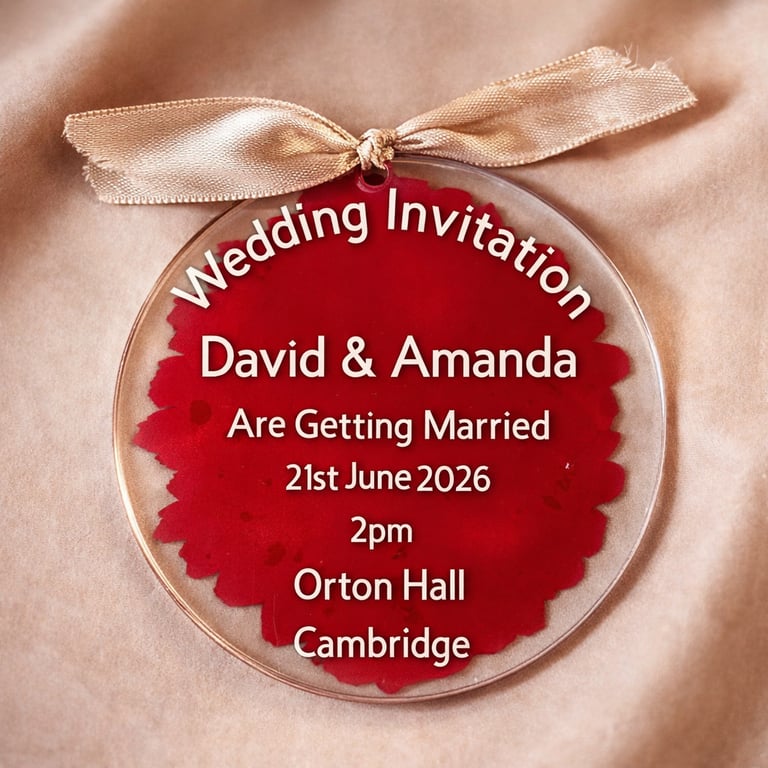 Personalised Acrylic Wedding Invitation Ornament with Painted Back & Ribbon Keep