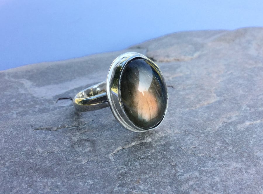 Sterling Silver Ring with Labradorite Gemstone, Hallmarked
