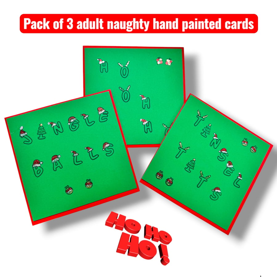 Pack of 3 adult Christmas cards, rude sweary cheeky naughty, hand painted 