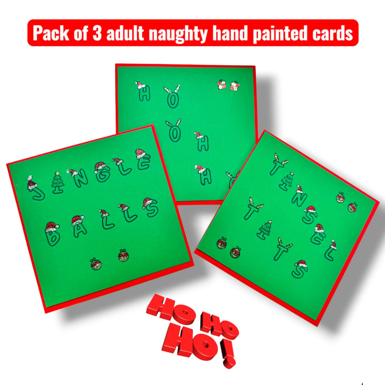 Pack of 3 adult Christmas cards, rude sweary cheeky naughty, hand painted 