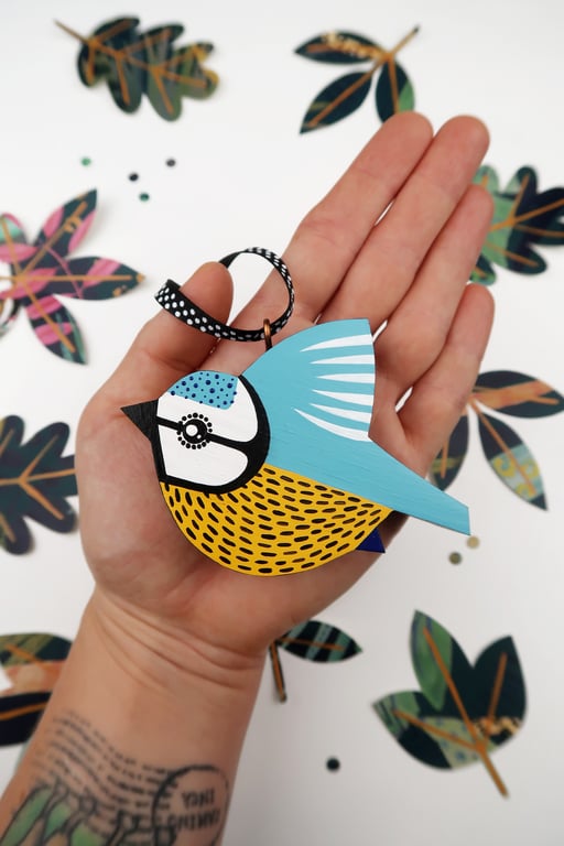 Blue tit hanging decoration for Christmas tree, British garden bird ornament.