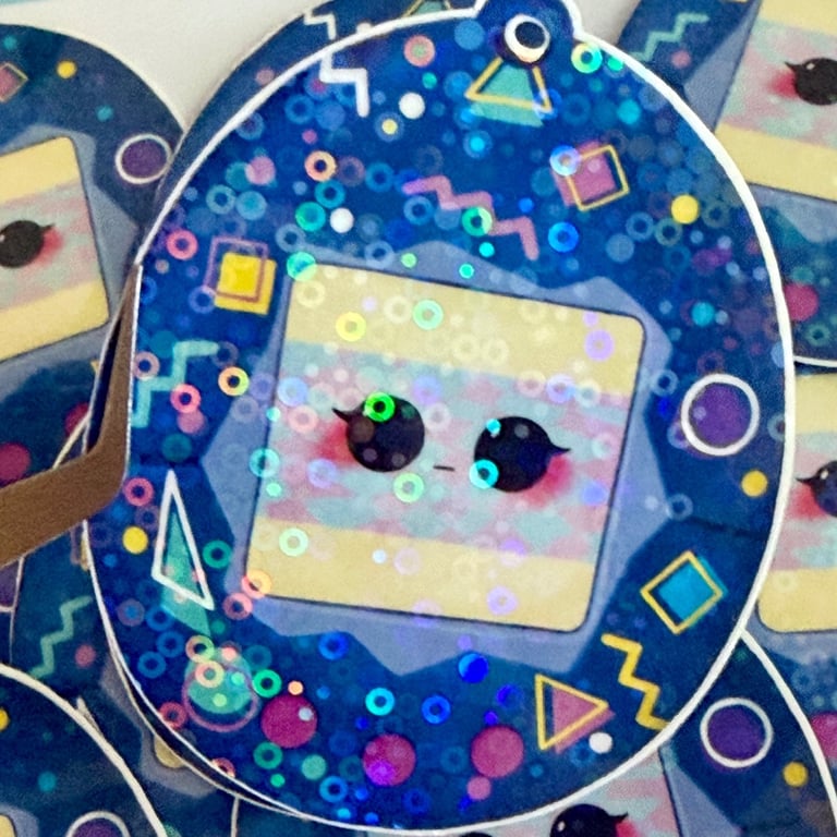 90s Retro Cyber Pet Sticker - Cute Kawaii Blue Neon Geometric Holo Decal