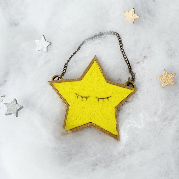 Sleeping star decoration, hand painted yellow star, home decor