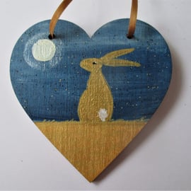 Bunny Rabbit Hanging Decoration Hand Painted Wooden Heart Golden Hare Bunny 001