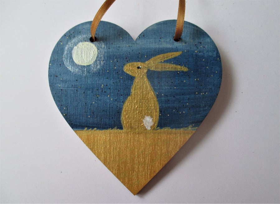Bunny Rabbit Hanging Decoration Hand Painted Wooden Heart Golden Hare Bunny 001
