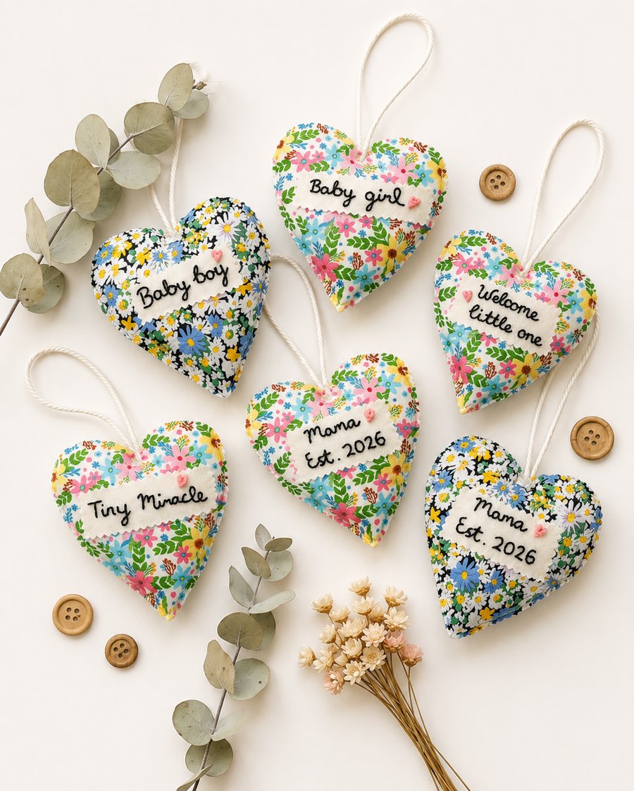 New Baby Gift – Personalised Fabric Heart Decoration – Baby Shower Gift