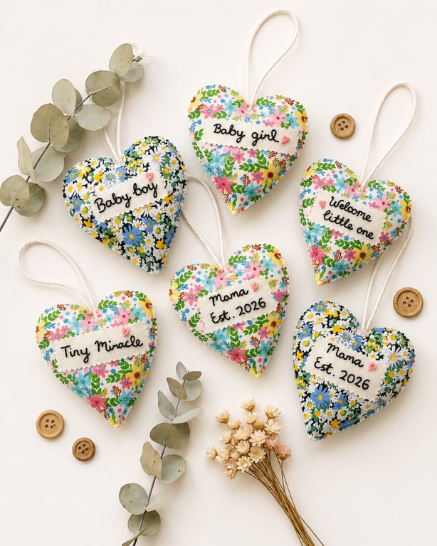 New Baby Gift – Personalised Fabric Heart Decoration – Baby Shower Gift