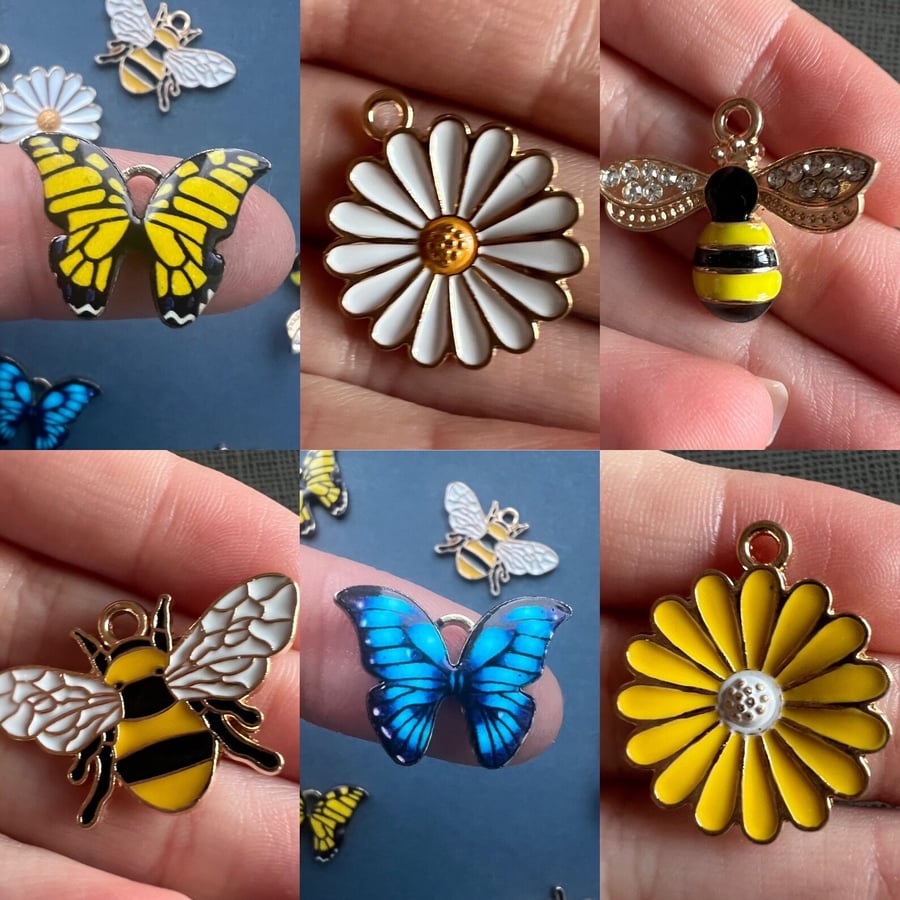Set of 6 Butterfly, Flower and Bumble Bee Charms - Beautiful Spring Charm Set