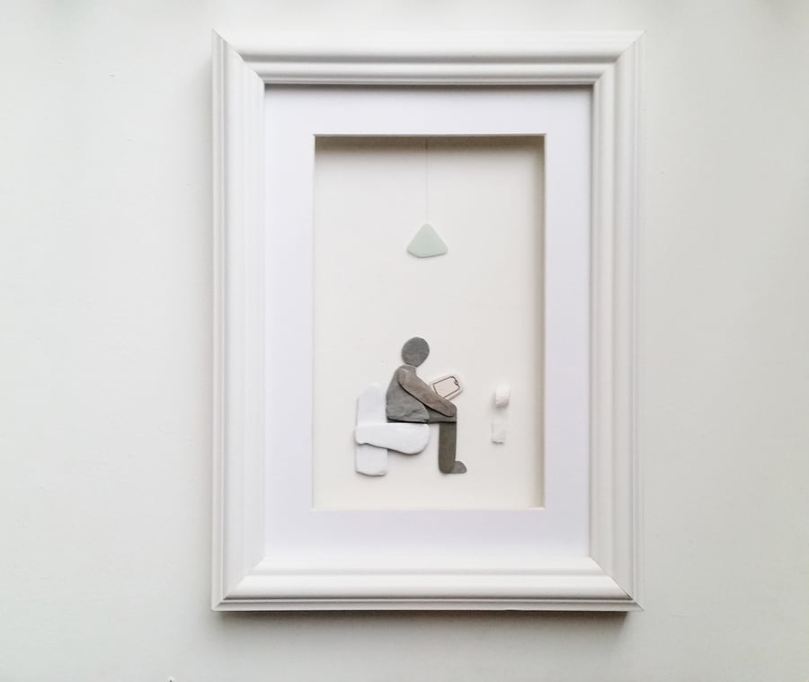 Unusual Gift for Men Humorous Pebble Art Picture, Man Sitting on Toilet