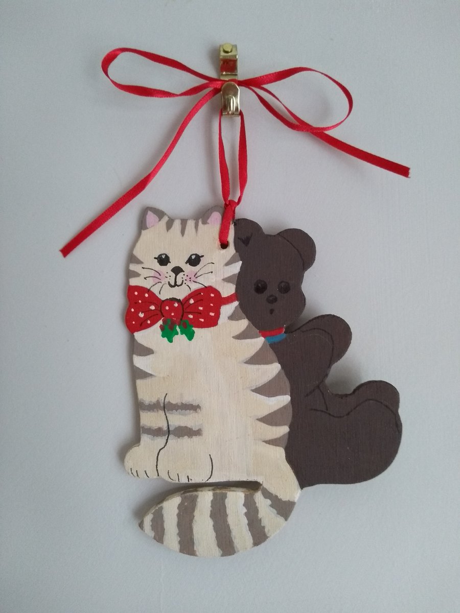 Cat and teddy wooden Christmas tree decoration