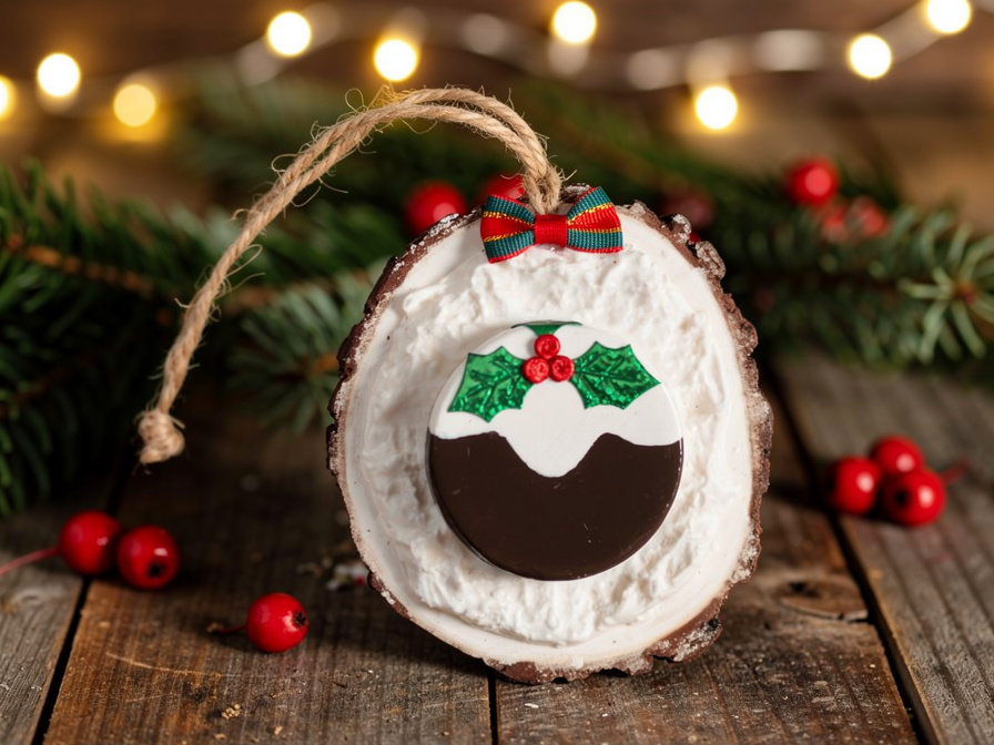 Clay Christmas Pudding with Holly On A Real Log Slice Christmas Tree Home Decor