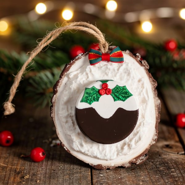 Clay Christmas Pudding with Holly On A Real Log Slice Christmas Tree Home Decor