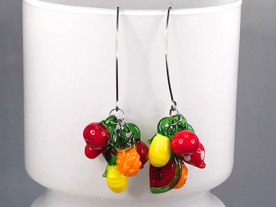 GLASS FRUIT LONG EARRINGS punk retro carmen miranda cool