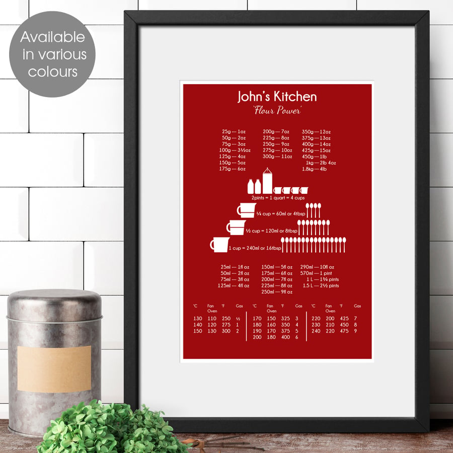 Personalised Kitchen Print Cook's Conversion Chart, gift for cook or baker