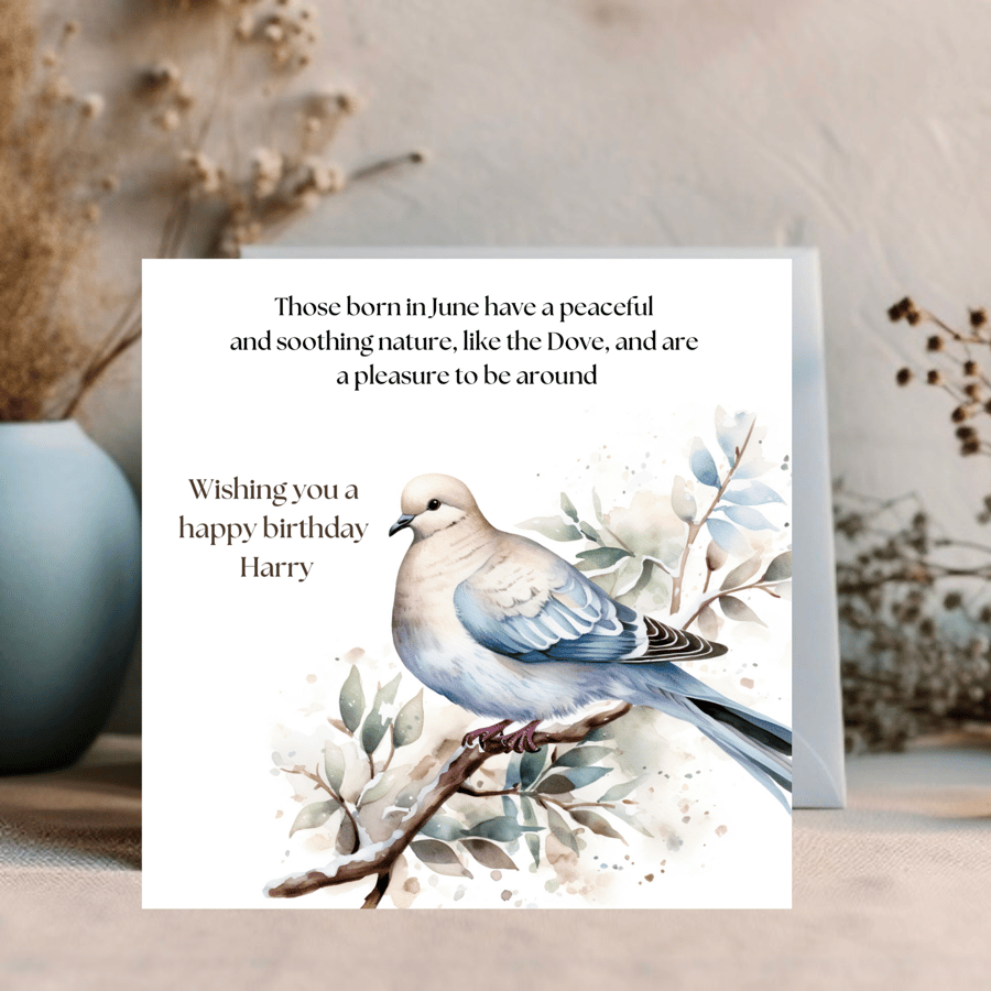  Dove Watercolour printed greetings card for a June Birthday