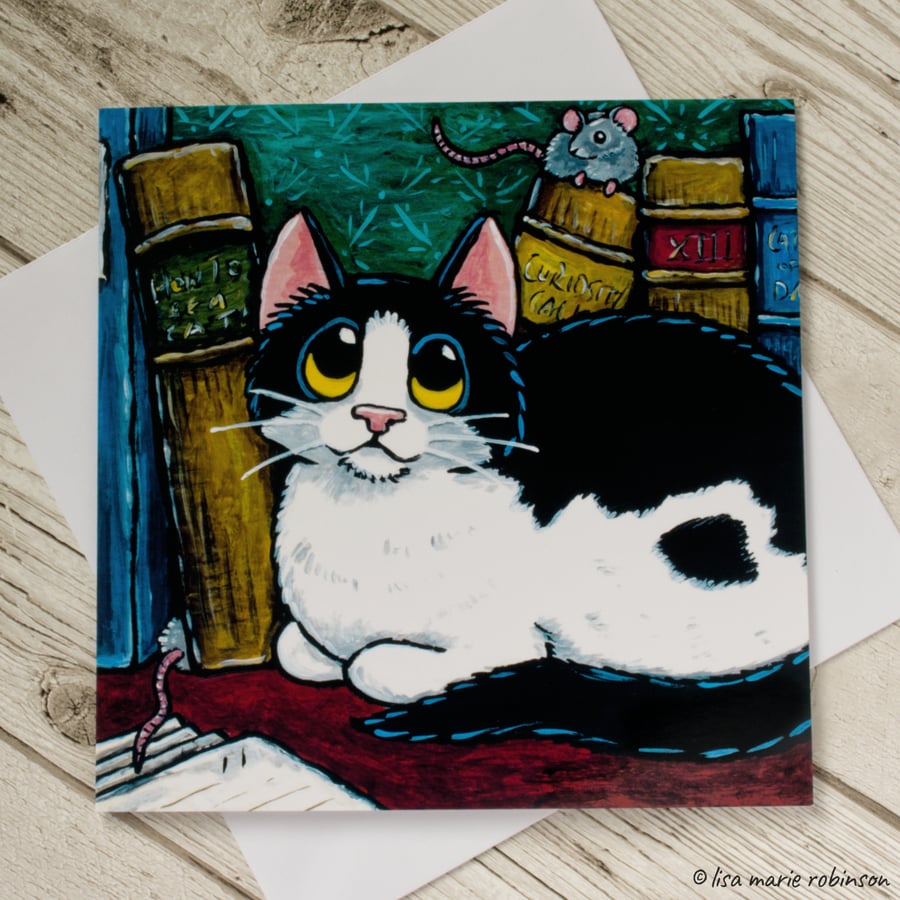 Reading Room Cat and Mice Blank Greeting Card